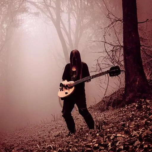 Prompt: Black metal gitar play in fog forest