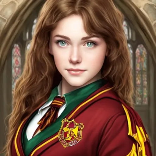 Prompt: brown-haired, green-eyed beautiful woman as a Gryffindor student at Hogwarts