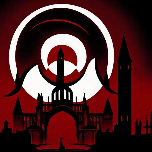 Prompt: The logo is a circular emblem featuring a crescent moon with a subtle blood-red hue in the background. Overlapping the moon is a stylized gothic archway or gate, creating a sense of mystery and intrigue. The archway is partially open, inviting the viewer into the dark and enigmatic world of "Midnight Asylum."