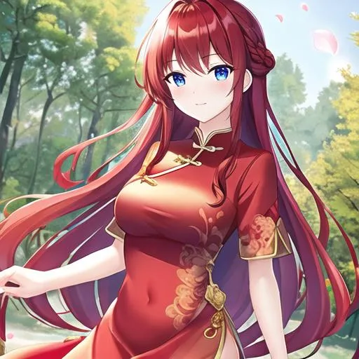 Prompt: chinese,princes,autdoor backgraund,forest,red hair,blueyes,red chinise wedding dres,