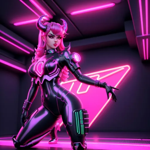 Prompt: a beautiful female demon in a dynamic pose in a retro futuristic synthwave cyberpunk neon paradise.  neon lighting, high quality, beautiful, masterpiece, artistic, synthwave, cyber, retro, futuristic