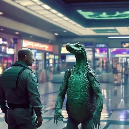 Prompt: alligator security guards in a busy alien mall, widescreen, infinity vanishing point, galaxy background, surprise easter egg