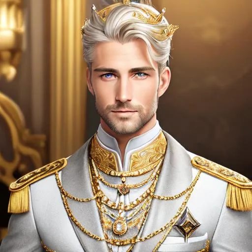 Prompt:  An intricately detailed Oil Painting of A blonde and little but grey, very rugged yet very very handsome 36 year old King  with mostly blonde hair and a little bit of grey starting to show around his temples. A Very gorgeous MALE with strong, athletic physique, extremely attractive king with a disarming smile wearing an impressive gold and diamond crown. Dressed in white and gold highly ornate formal royal dress clothing. Epic perspective. Digital art. Masterpiece quality. Fantasy art. Hyper detailed. 
