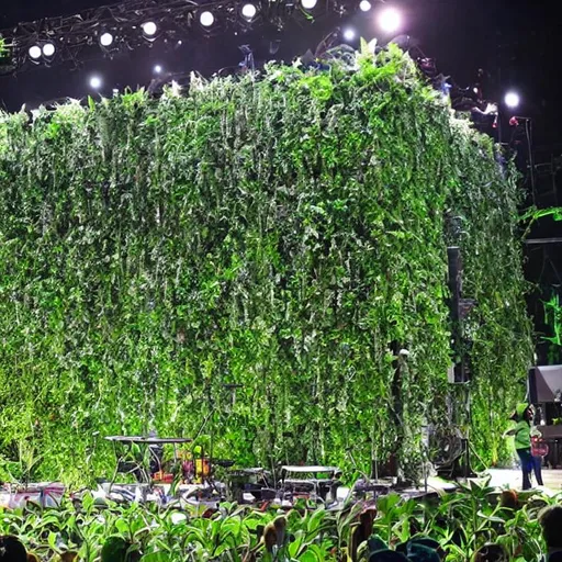 Prompt: large cube music festival stage covered in plants 