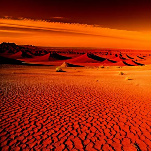 Prompt: alien desert, rocky, volcanic, canyons, barren, red sun