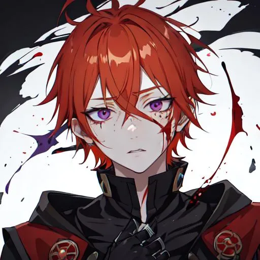 Prompt: Erikku male adult (short ginger hair, freckles, right eye blue left eye purple) covered in blood, covering his face with his hand, wide eyes, insane, fear, threatening, anime style, 
