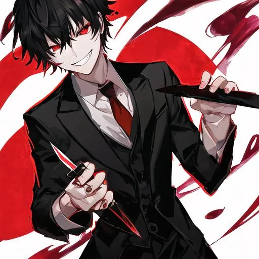 Prompt: Damien (male, short black hair, red eyes) grinning seductively, holding a knife