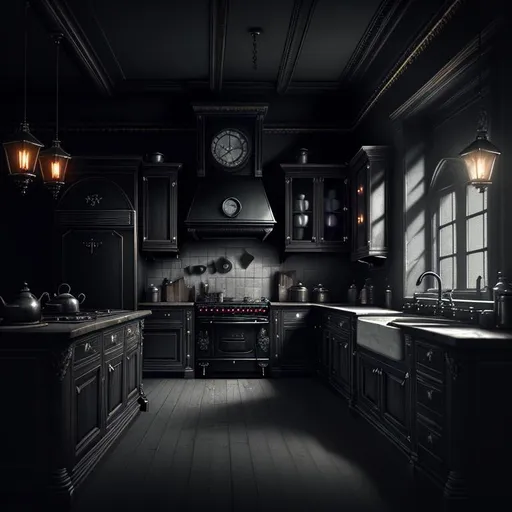 concept art of a dark victorian kitchen, at night, g