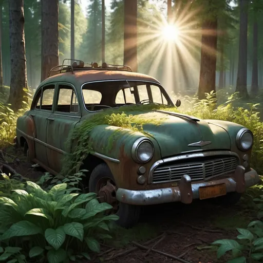 Prompt: Early morning, forest , sun , rising , light peeking through trees , rusty old car with plants growing on and around it , 4k , realistic , high resolution, reflections, realistic textures 