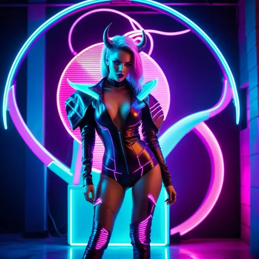 Prompt: a beautiful female demon in a dynamic pose in a retro futuristic synthwave cyberpunk neon paradise.  neon lighting, synthwave, cyber, retro, futuristic