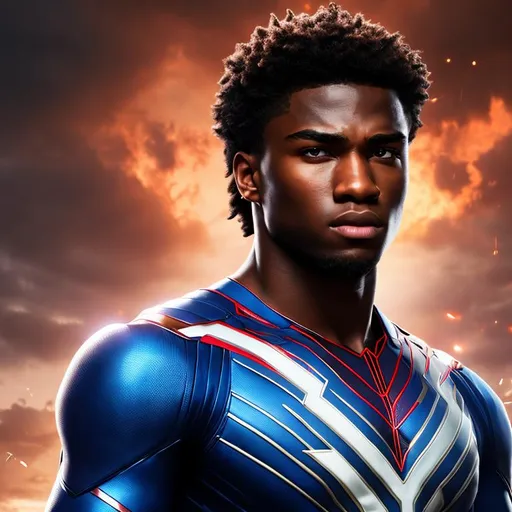 Prompt: High resolution hyperrealistic dynamic image of young avenger patriot-eli-bradley merged with miles-morales, symmetrical detailed photorealistic face, red and white and blue costume highly detailed, cinematic, uhd, hdr, 64k