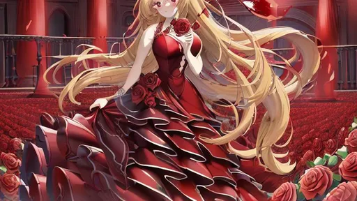 Prompt: {{{Best quality}}}, {{{hyper realistic}}}, {{{Hyper detailed}}}, woman, lady, girl, female, beautiful, long dirty blond hair, blood red eyes, long midnight black dress, blood red roses at bottom, blood red roses dress design, blood red roses, amazing, {{{filmic}}}