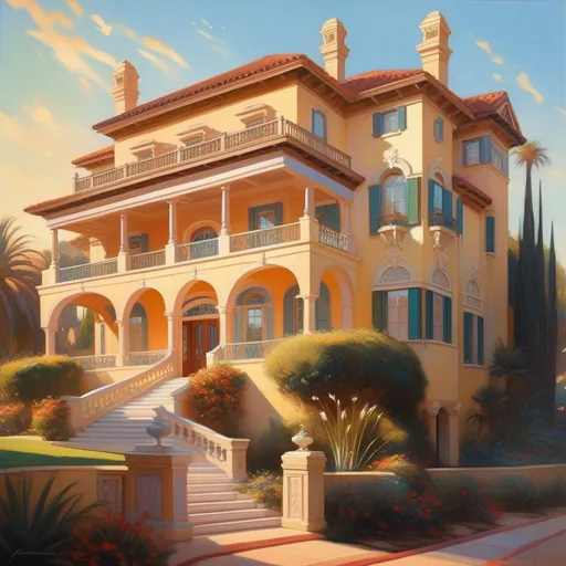 Prompt: Mansion in Southern California, cartoony, warm sunny atmosphere, extremely detailed painting by Greg Rutkowski and by Henry Justice Ford and by Steve Henderson