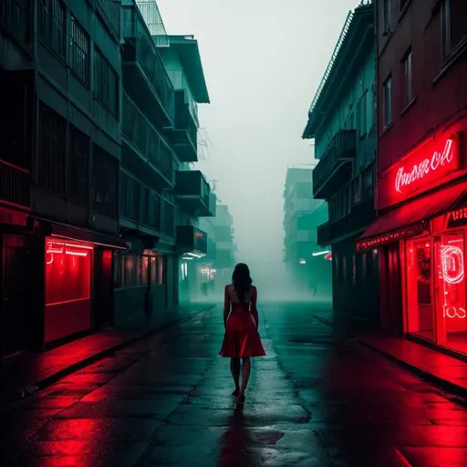 Prompt: A photography in Elsa Bleda style, a woman silhouette from behind, red dress , walking alone in a decadent street at night, moonlight, Foggy, rim red neon lights illuminating the ambient, ethereal gloomy mood. 