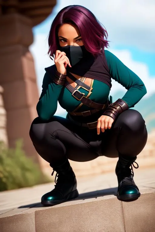 Prompt: female teenage rogue with bronzed tan skin, black mask covering mouth, burgundy wavy short hair, teal eyes, black and teal long tunic, black leggings, long sleeves, crouching down, sneaky, smug, dnd, fantasy