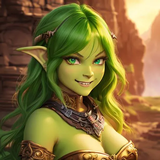 Prompt: oil painting, D&D fantasy, green-skinned-goblin girl, green-skinned-female, small, beautiful, short fiery red hair, wavy hair, smiling, pointed ears, fangs, looking at the viewer, cleric wearing intricate adventurer outfit, #3238, UHD, hd , 8k eyes, detailed face, big anime dreamy eyes, 8k eyes, intricate details, insanely detailed, masterpiece, cinematic lighting, 8k, complementary colors, golden ratio, octane render, volumetric lighting, unreal 5, artwork, concept art, cover, top model, light on hair colorful glamourous hyperdetailed medieval city background, intricate hyperdetailed breathtaking colorful glamorous scenic view landscape, ultra-fine details, hyper-focused, deep colors, dramatic lighting, ambient lighting god rays, flowers, garden | by sakimi chan, artgerm, wlop, pixiv, tumblr, instagram, deviantart