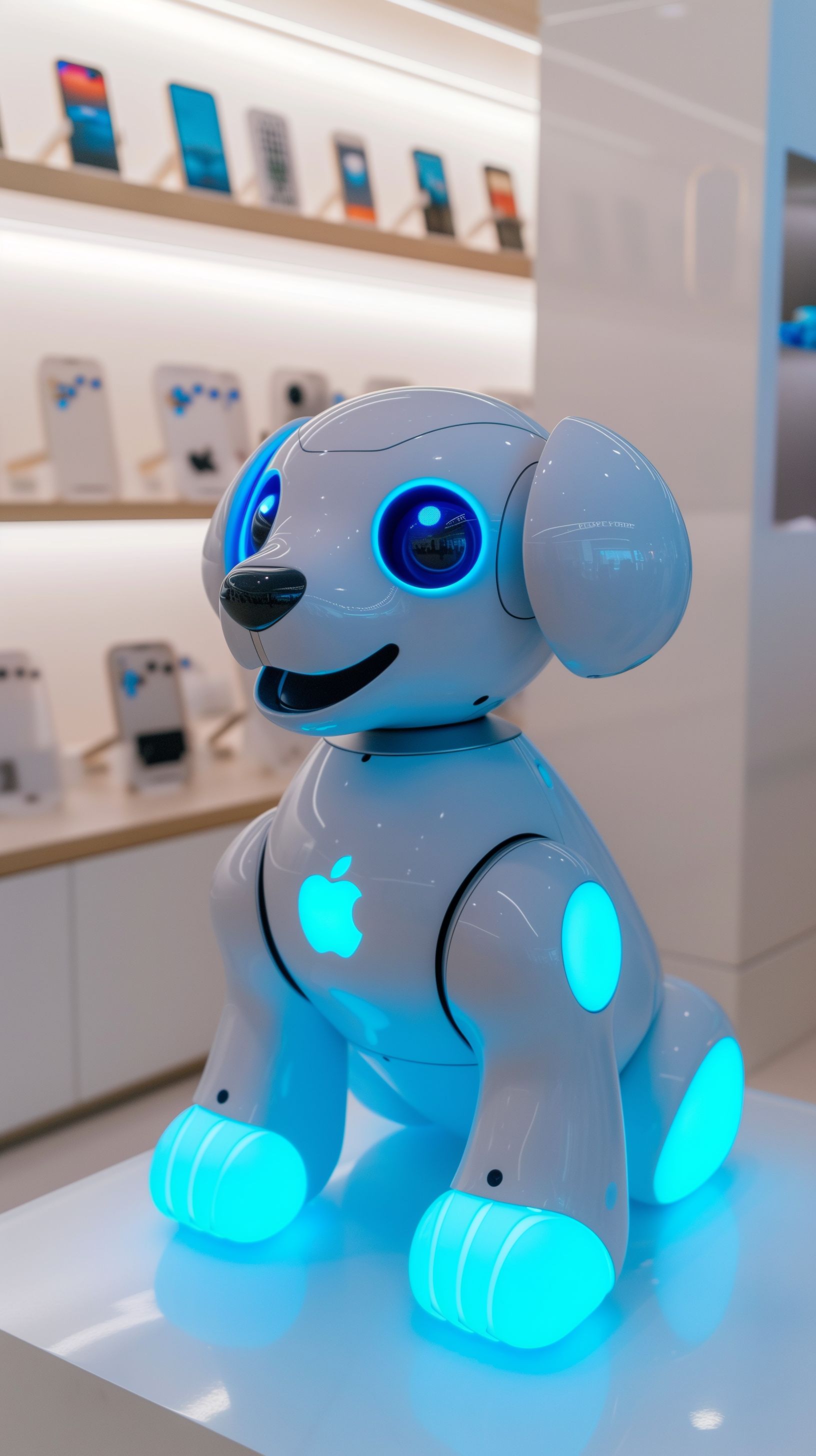 Prompt: a robot dog made by apple clean whites with glowing blue outlines, blue glowing gears, sleak, glowing blue LED eyes, clean soild white plating, friendly looking, sitting, bright white show-room full of apple products --ar 9:16 --v 6.0