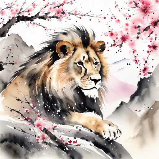 Prompt: Traditional Japanese sumi-e watercolor, lion, black colors, big emotional eyes, cherry blossom mountain background, highly detailed, concept art, best quality, masterpiece 