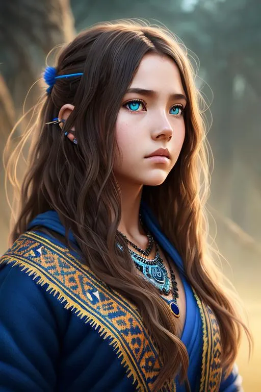 Prompt: 
 Teenage native owl Hybrid Head girl, wild brown hair, end boss with Blue Glossy eyes) 
, dramatic, cinematic lighting, caustic, walking in tribal village, ethereal, royal vibe, highly detailed, digital painting, Trending on artstation , HD quality, artgerm, tan skin, by Ilya Kuvshinov