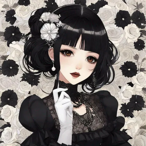 Prompt: anime art, Indonesian goth woman, 25 year old, (round face, high cheekbones, almond-shaped brown eyes, small delicate nose, black hair), pearl necklace, white goth dress, white gloves, white stockings, black lipstick, black eye make-up, black flowers, Japanese manga, Pixiv, Fantia
