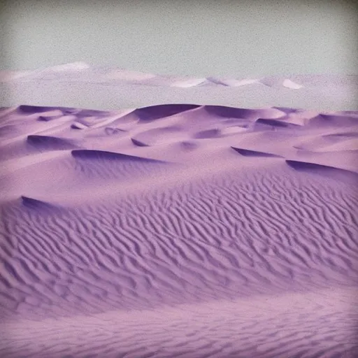 Prompt: concept art, realistic, thick sandstorm grain filter, "Warlocks and Warriors" Sprague de Camp style, purple sand dunes, purple rock crags