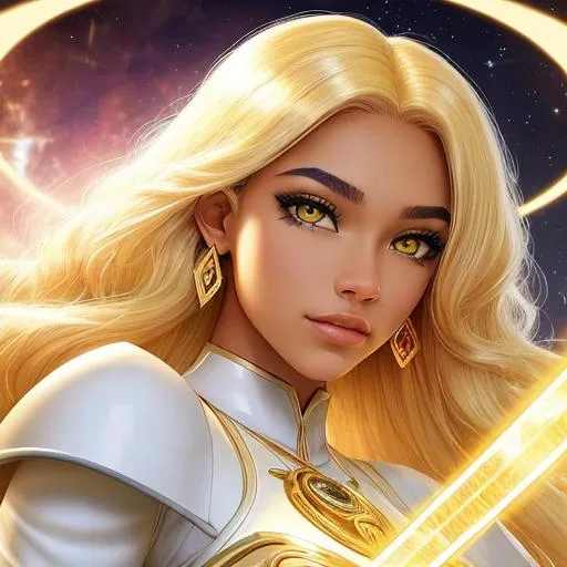 Prompt: A beautiful 15 year old ((Latina)) light elemental with light brown skin and a beautiful face. She has curly yellow hair and yellow eyebrows. She wears a beautiful white dress with gold. She has brightly glowing yellow eyes and white pupils. She wears a gold tiara. She has a yellow aura around her. She is using light magic in battle against a giant monster in a open field. Epic battle scene art. Full body art. {{{{high quality art}}}} ((goddess)). Illustration. Concept art. Symmetrical face. Digital. Perfectly drawn. A cool background.