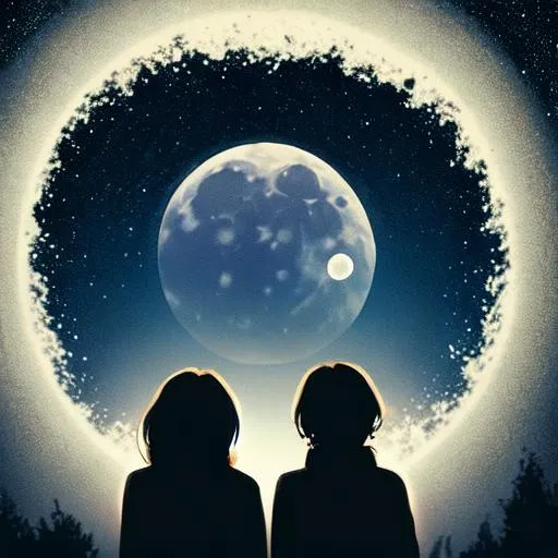 Prompt: beautiful starry sky, full moon in the sky.and two people looking at it