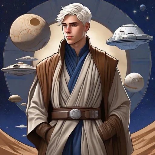 Prompt: 20 year old, young, Detailed art, Handsome young man with short clean white hair, short back hair, well groomed, combed over hair,  dark blue tunic vest, shoulder pad, brown overcoat with flowing robes, high collar, traveler, traveling outfit, adventurer outfit  Star Wars character art, detailed textured fabric. Cloth neck gaiter, robes, tight white hair, holster, belt, rich, blaster pistol, pistol, Star Wars 
