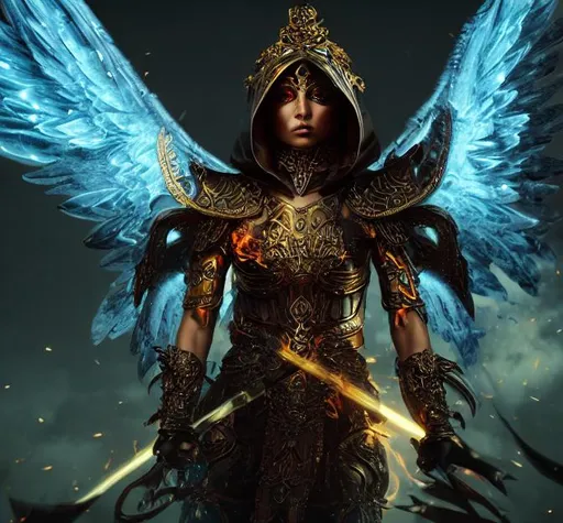 Prompt: Splash art of a beautiful angel in ornate armor wearing a black hood, radiating fiery magical energy, cinematic shot, heroic fantasy art, special effects,  HD octane render
