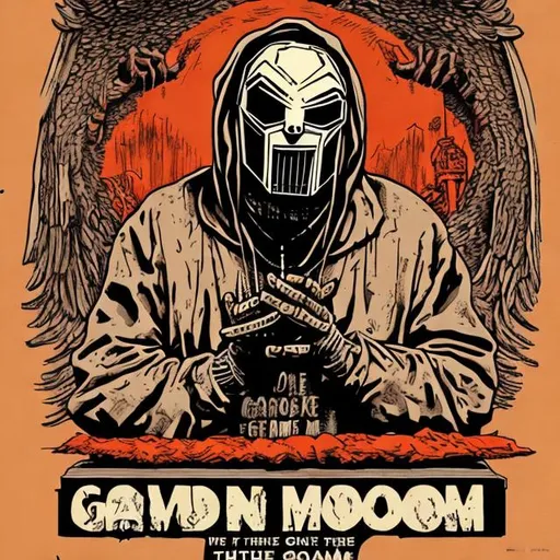 Prompt: Rapper MF Doom “from the grave” concert poster. Design using a gravestone that Says “back where my brother went” 