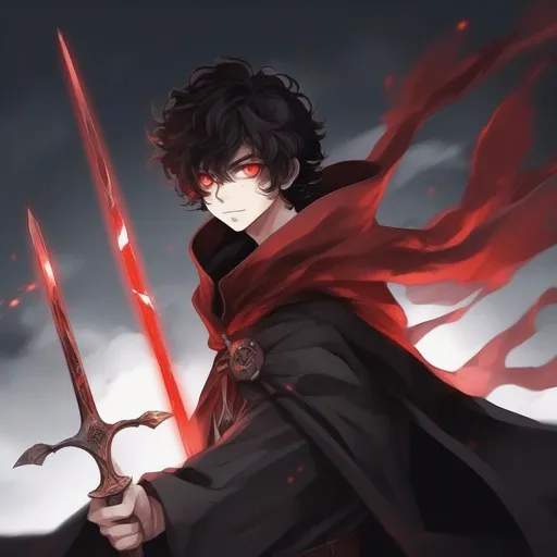 Prompt: Anime character, cool, magical eyes, boy, medieval, wearing a cloak, with red glowing eyes and black curly hair with wand and sword and a scar over the eye