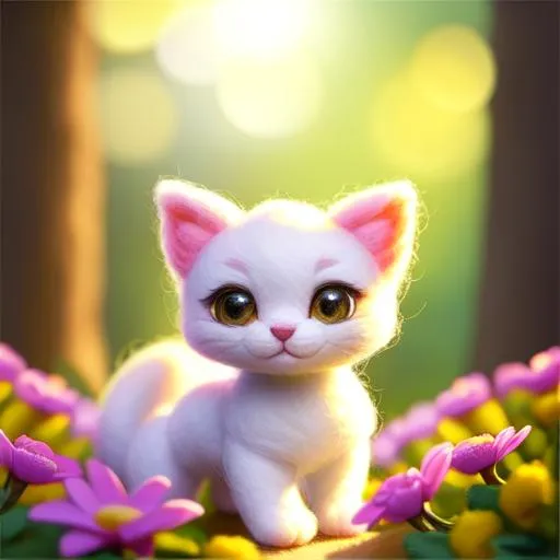 Prompt: Disney Pixar style needle felted cute kitten, highly detailed, fluffy, intricate, big eyes, adorable, beautiful, soft dramatic lighting, light shafts, radiant, ultra high quality octane render, daytime forest background, field of flowers, bokeh, hypermaximalist