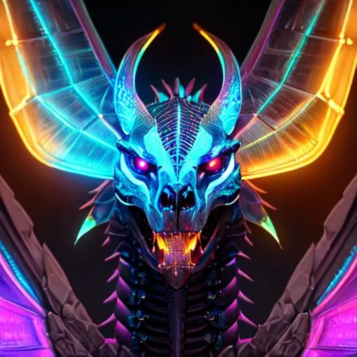 Portrait of a roaring neon skeleton dragon with irid... | OpenArt