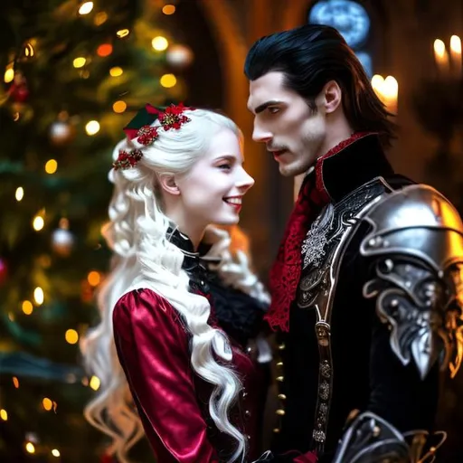Prompt: A romantic couple in a gothic Christmas setting, man is tall, handsome, black hair with pale skin, red pupils, Dracula, armored clothing on man. Pretty young woman with long blonde hair with pink tones, living skin color, Victorian steampunk dress with holly decoration in hair, blue pupils. She is happy, excited. He holds her close. Woman is human. Christmas trees in a gothic house. Eyes white sclera 