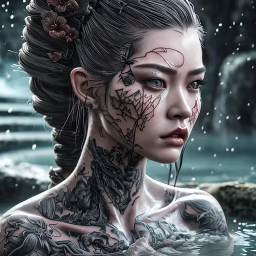 Prompt: (masterpiece) (very sharp) (4K UHD) (best quality) (hyper realistic).  tattooed woman into japanese hot springs, extremely detailed face, extremely detailed eyes, absolutely real, extremely detailed hair, dragon braid hairstyle, 3D illustration, extremely detailed lips, extraordinary beauty, cherry blossom background, waterfall background, extremely detailed tattoo art, grey eyes, nature colors.