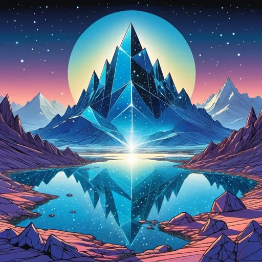 Prompt: Alien crystal landscape dotted with transparent glowing crystals, with blue crystal mountain in the background, in the style of Moebius, comic book style