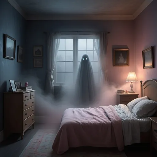 Prompt: A ghostly figure in a dark room standing in front of a bed, fog on the floor, right a small window where a little bluish light shines through, digital art