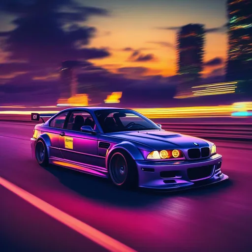 Prompt: 2001 BMW M3 E46 GTR, synthwave, aesthetic cyberpunk, miami, highway, dusk, neon lights, coastal highway, dusk, neon lights, coastal highway, sunset, drift, nurburgring