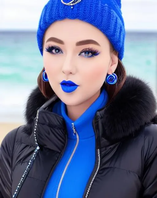 Prompt: Kayleigh McEnany eating candy, blue lipstick, snowy beach, blue heart necklaces, Thick blue nylon jacket, Black Plane, pleasant face, blue spiral eyes, Black-purple eyeshadow, long ice earrings. Cold color scheme, ultradetailed, 8k resolution, perfect, smooth, high quality, shiny. 