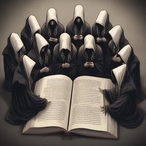 Prompt: 13 hooded cultists forming a circle around a book