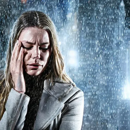 Prompt: Ultra realistic close up Photo of a white girl crying heavily in the rain in a rainy city night. Emotional crying face picture