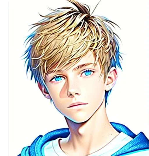 Prompt: Concept art, digital brush, Beautiful young teen boy, (13 year old kid) (messy hair)+ ((hair covering eye))++ emo cut, lightbrownhair boy, hair, sharp gaze, blue eyes, innocent, boy model, 16 years old, hot, pretty, cute, hoodie zipper, cinematic lighting, blue sky, bright colors, blue, green, yellow, white,  luminous, hyperdetailed, great composition, professional, artstation award, (white background)++ 