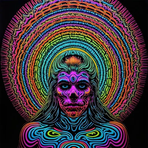 Prompt: Hypnotic illustration of {grateful dead}, hypnotic psychedelic art by Dan Mumford, pop surrealism, dark glow neon paint, mystical, Behance