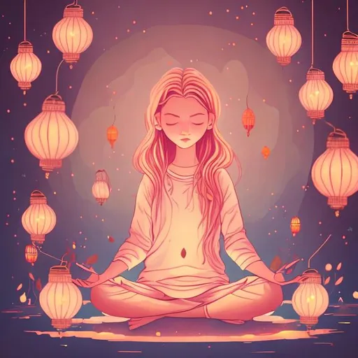 Prompt: girl with rose gold pinkish hair and meditating with lanterns colorful storybook illustrations 