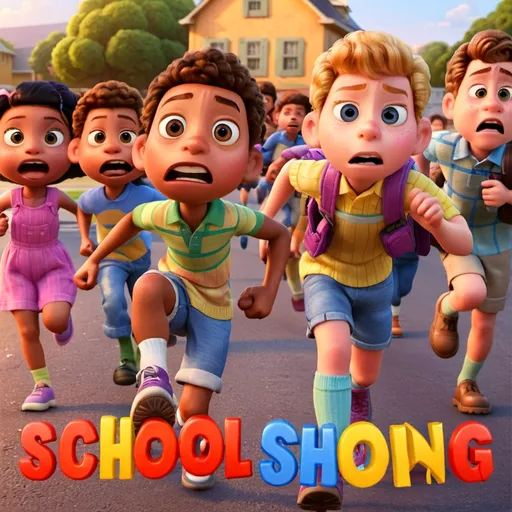 Prompt: Kids at school running with a title that says “school shooting”