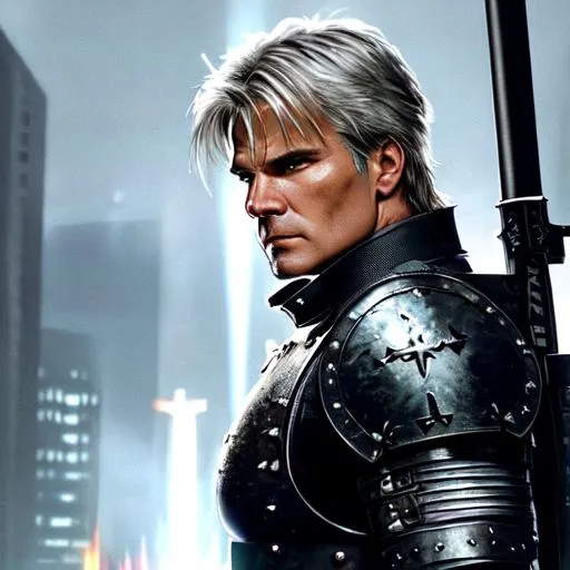 Prompt: Richard dean anderson from macgyver, cyberpunk, black heavy plate armored medieval crusadr, white cloth on chest with black cross, swinging magical black great sword by his side, 334k, insanely detailed, insanely realistic, insane details, hyper detail, high detail, action pose, athletic body, large muscles, high cheekbones, detailed face.ultra realistic, full body focus, intricate details, exceptional detail, fantasy, ethereal lighting, hyper sharp, sharp focus, photorealistic portrait, detailed face, highly detailed, realistic, hyper realistic, colorful, Ultra realistic, , Highly detailed photo realistic digital artwork.  