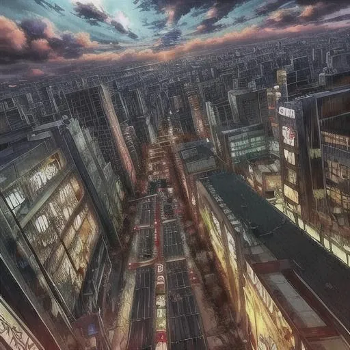 Prompt: anime, Japanese, zombie apocalypse, wallpaper, trippy sky, city, POV, First person on ground, hoard of zombies running 

  