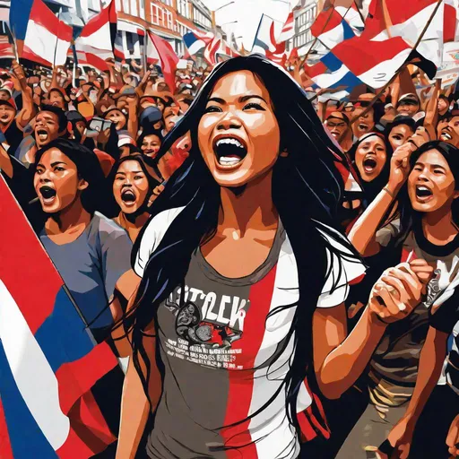 Prompt: street art, dutch angle, pretty young demonstrator, Indonesian woman, 25 year old, (round face, high cheekbones, almond-shaped brown eyes, small delicate nose, long wavy black hair), shouting, energetic and expressive, crowded protest rally, bokeh, red and white flags and banners,  masterpiece, intricate detail