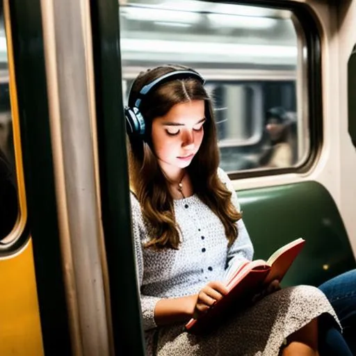 Prompt: vintage girl with a long hair reading a book on a train crowded by people listening to music by headphones on, many people standing and using phones around her, people taking pictures of her, realism, night, low light, 8k, focus, beautiful pretty girl
