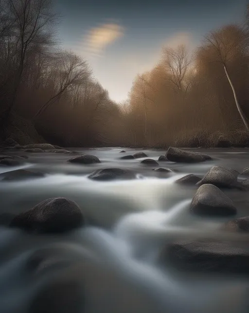 Prompt: Equipped with a neutral density filter, the photographer captures a serene scene of a river, its waters appearing smooth as silk, while the sky carries an ethereal charm during a long exposure.